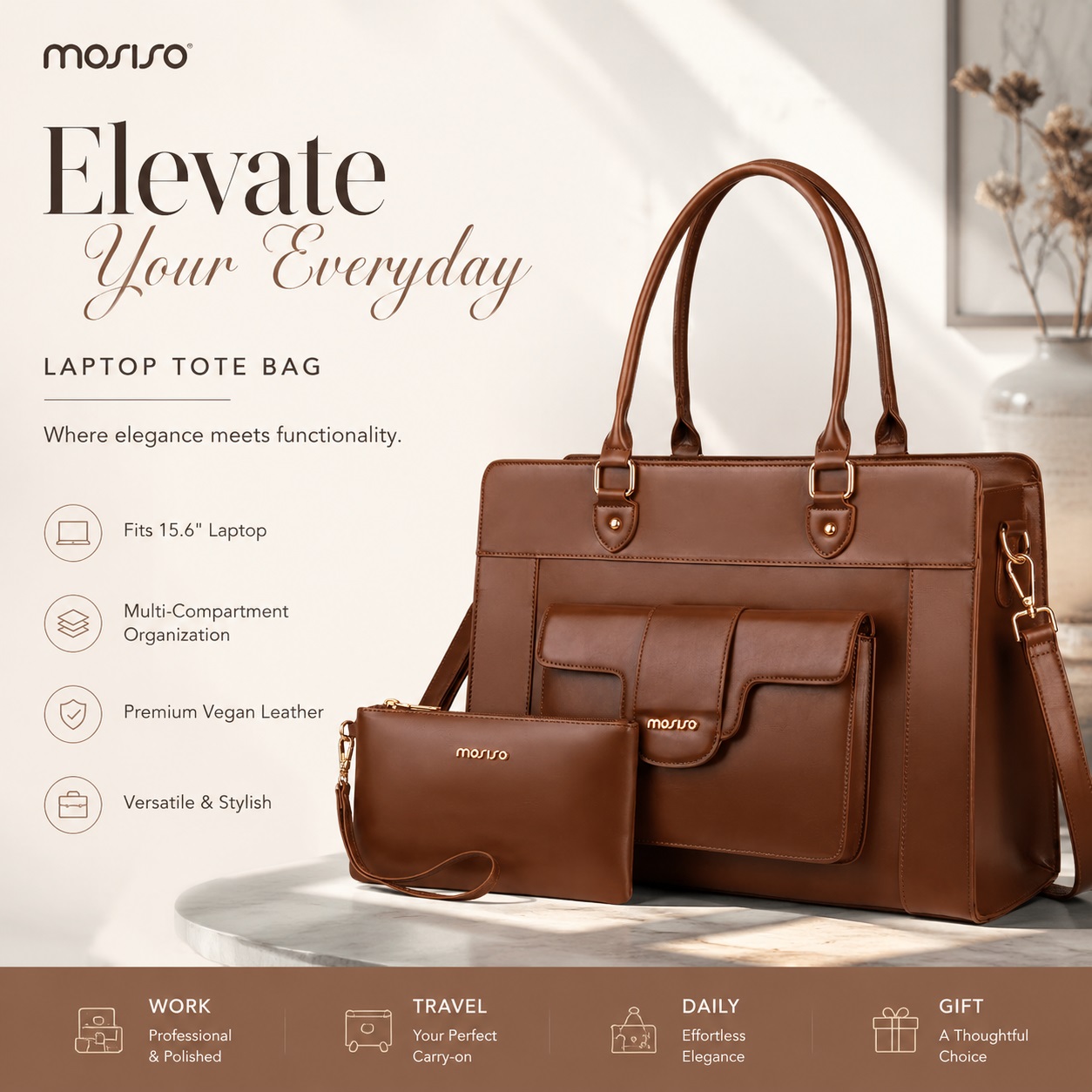 Leather Work Bag Laptop - MOSISO Kadınlar için Laptop Çantası 15.6